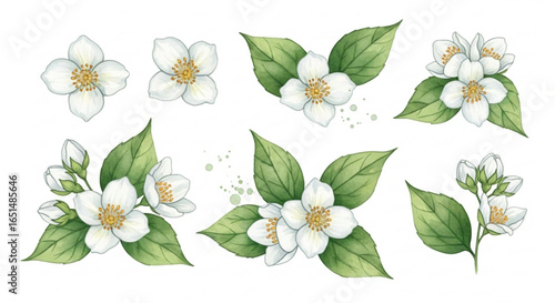 Watercolor Jasmine Flowers and Buds with Green Leaves on a White Background