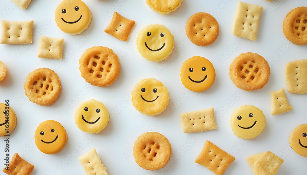 Obraz premium The cheerful collection of smiley face snacks on a white background