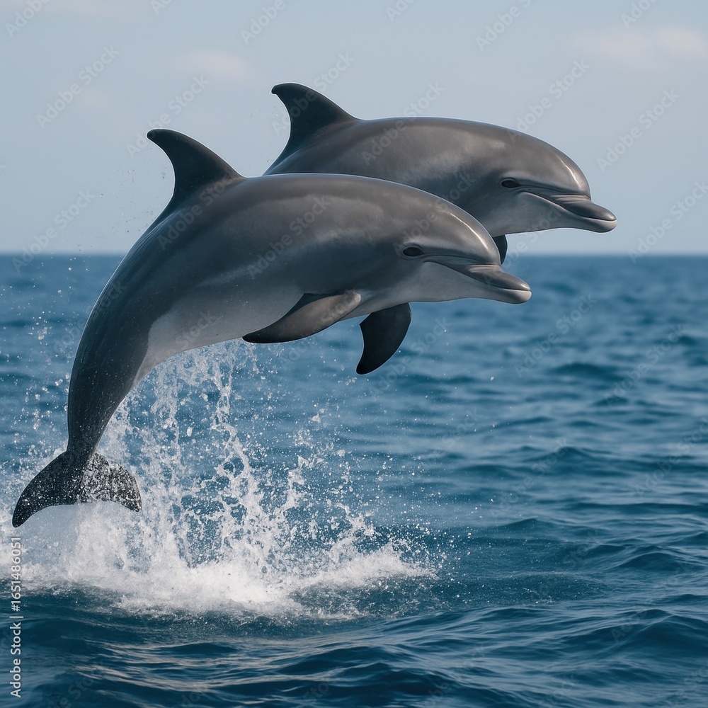 Fototapeta premium Two dolphins leaping joyfully in ocean waters under a clear sky