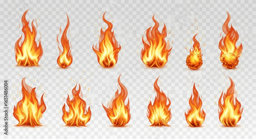 Collection of Realistic Fire Flames on a Transparent Background, Vector Set