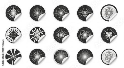 Black burst stickers with curled corner on white, vector graphic elements
