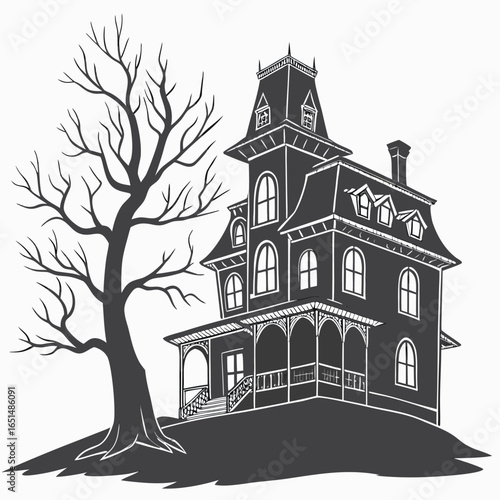 Vector art of silhouette of a spooky haunted house with a bare tree evokes a sense of mystery and eerie anticipation