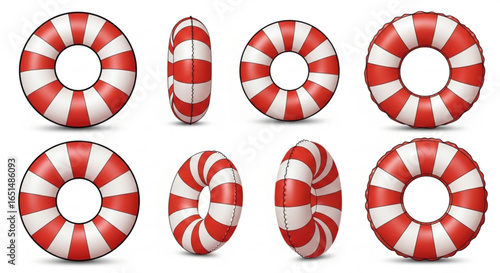 Red and White Striped Lifebuoy Collection on a Clean Background, Safety Concept