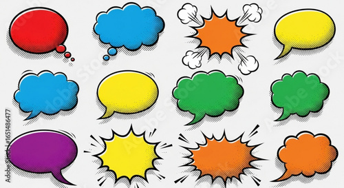 Colorful comic speech bubbles with halftone effect on a bright background
