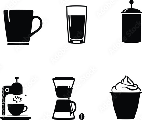 Coffee drink icons vector set espresso cup glass sugar pour over whipped cream beverage illustration 100