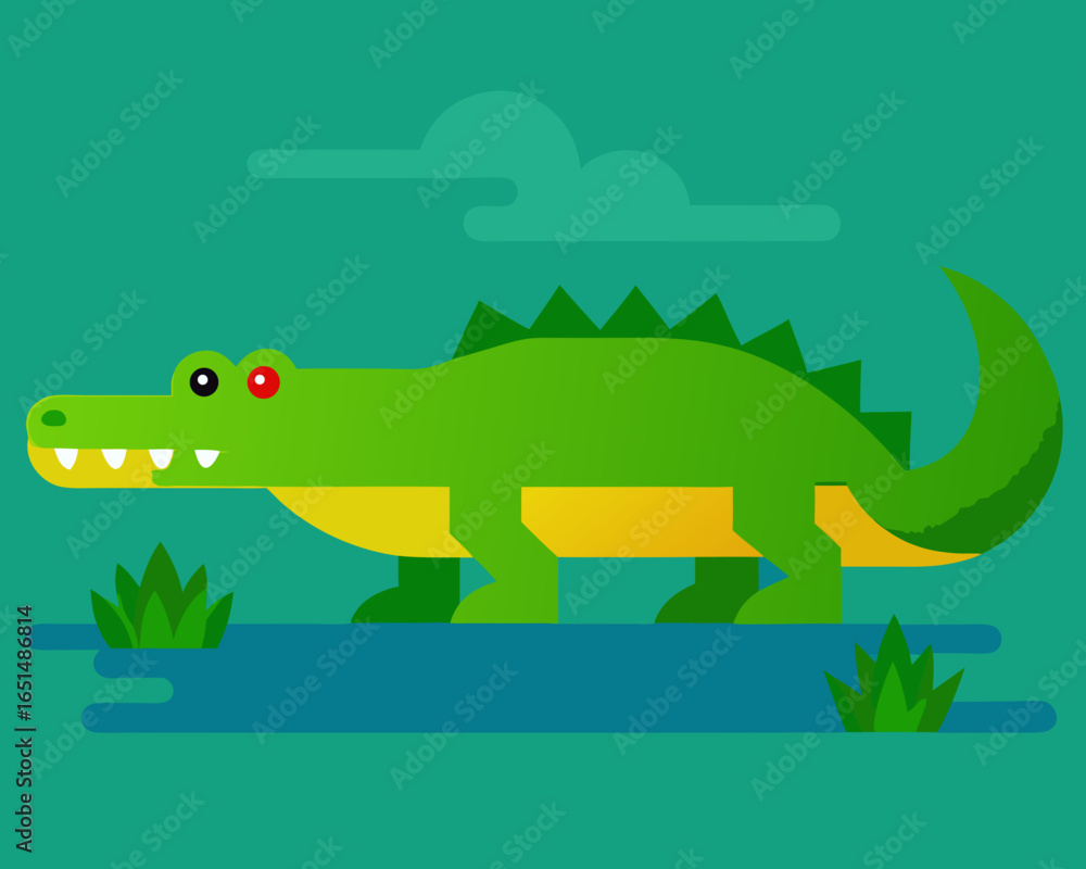 Obraz premium A stylized flat design illustration of a friendly green alligator with yellow accents standing in blue water with green grass and clouds