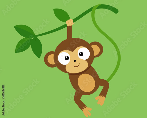 Adorable cartoon monkey with big eyes happily swinging from a lush green vine with leaves against a solid green background