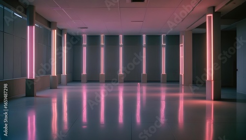 A futuristic interior features glowing neon lights and their reflections on a polished floor.