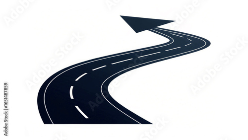 A winding road transforms into an arrow, symbolizing a clear path forward. The design is simple and bold against the white backdrop, representing a journey to the unknown.