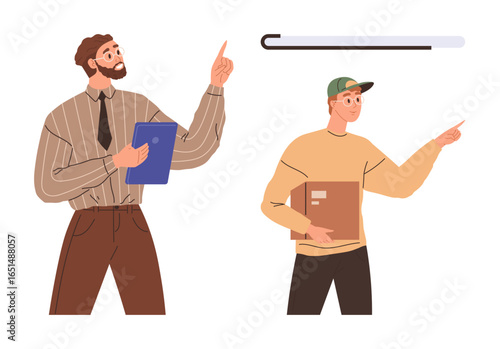 Two men, one with a clipboard and one holding a box, pointing at a progress bar. Ideal for teamwork, planning, progress tracking, collaboration, project management, goal setting and workplace