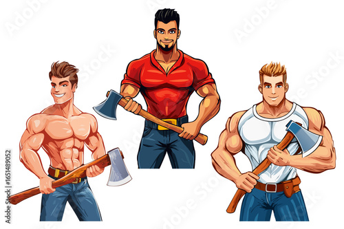 Muscular lumberjack with big ax in hand, man lumberjack with a large axe, ready for work in a forest setting, axeman with axe in hands, carpentry, woodworker, sawmill concept
