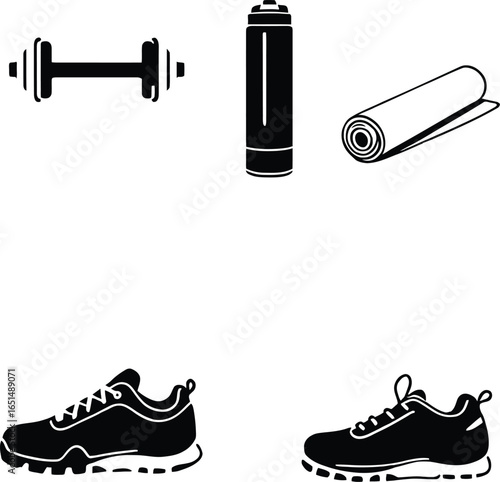 Fitness equipment vector illustration dumbbell water bottle mat and shoes for workout and exercise