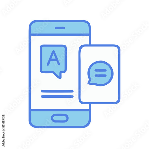Mobile phone with translation app and speech bubble icon for online translator service, language learning, communication vector illustration