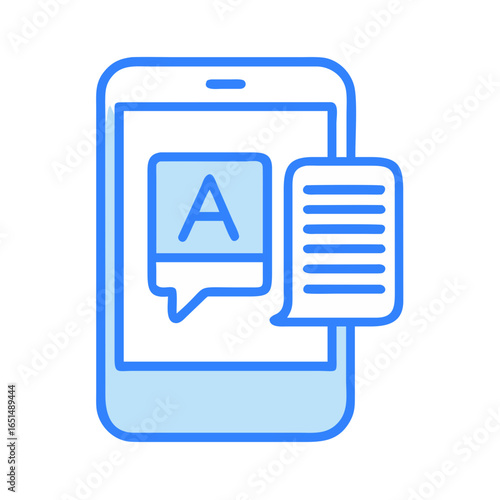 Mobile phone with text bubble and document icon. Online language translation app or learning concept. Vector icon for website, user interface, application
