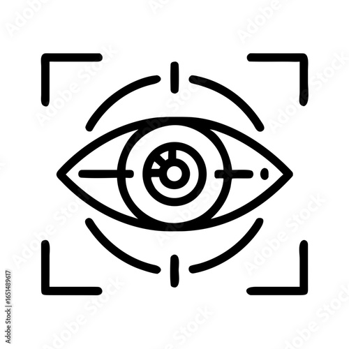 Eye with target sight representing retina scanning and eye recognition technology for security identification. Black outline vector icon for web, app, ui