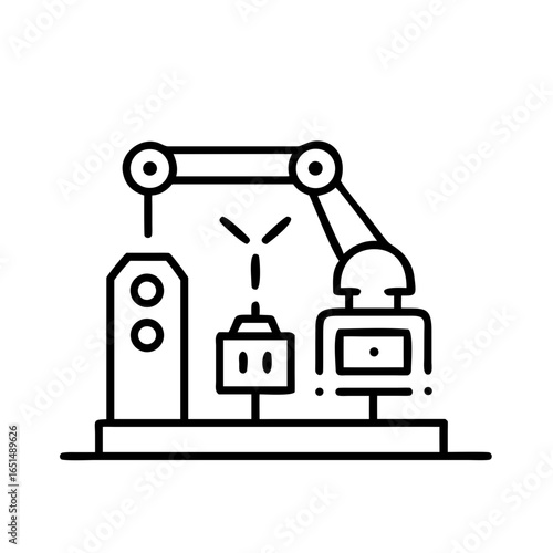 Industrial robot arm at work icon. Automated welding and assembly factory machine. Manufacturing process, automation and technology concept. Vector line icon for web, app, ui