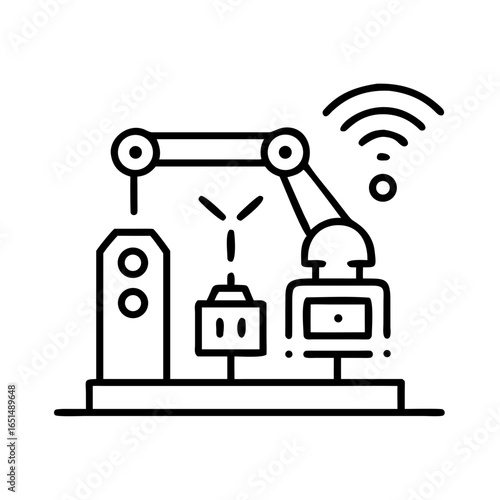 Industrial robotic arm automated production with wireless connection concept. Factory modernization line. Flat line black stroke vector icon for user interface design