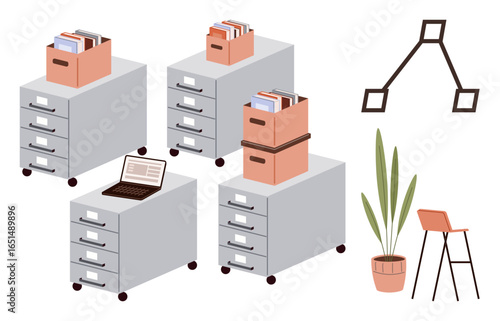 Filing cabinets with folders, laptop, books, and decor featuring plant and stool. Ideal for workspace productivity, office management, file organization, digital workflow, interior design minimalist