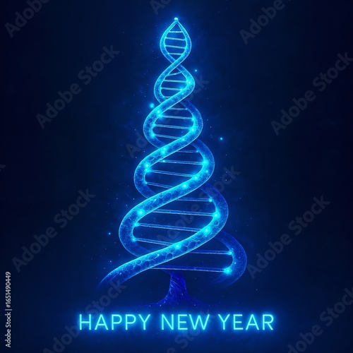 Premium New Year image of a glowing DNA helix shaped as a Christmas tree. Perfect for biotech, science, medical branding, and futuristic holiday greetings in the healthcare and research sectors.