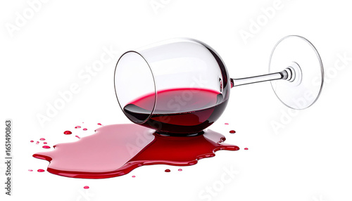 Overturned glass spilling red wine on transparent background