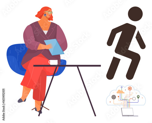 Woman holding tablet seated at desk with cup, abstract stepping figure, gears and circuits in cloud representing technology, data, or innovation. Ideal for teamwork, creativity, learning, ideas