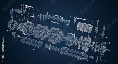 Detailed 3D blueprint schematic of an industrial multi-stage compressor in an exploded view, showcasing internal engine components.