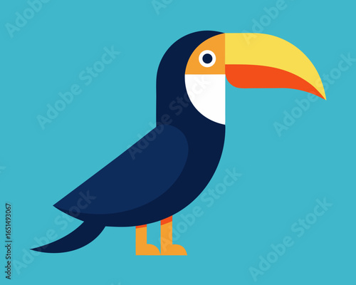 A stylized flat design illustration of a toucan with a large yellow and orange beak against a solid blue background