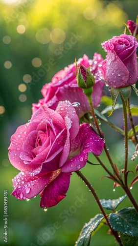 Magenta roses dew drops pink purple