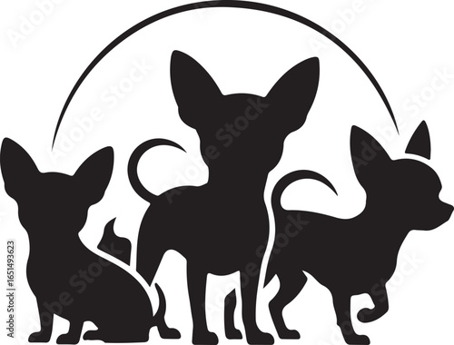 Silhouette of three small companion dogs with large ears, captured in various poses under a subtle curved line.