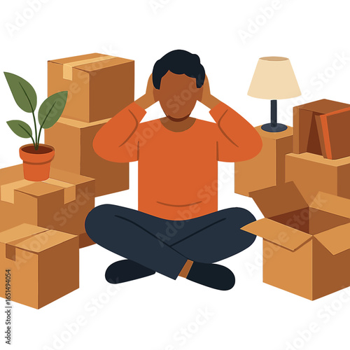 Person overwhelmed by moving stress amidst cardboard boxes and home clutter