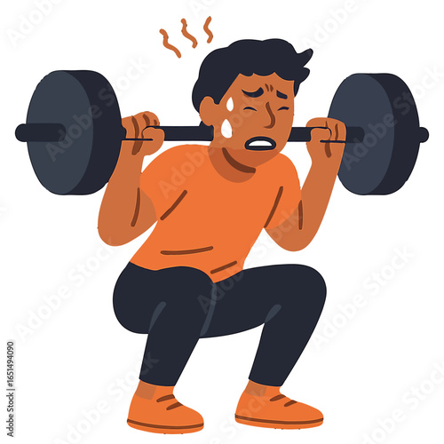 Tired man lifting weights: squat strain in dimly lit gym setting
