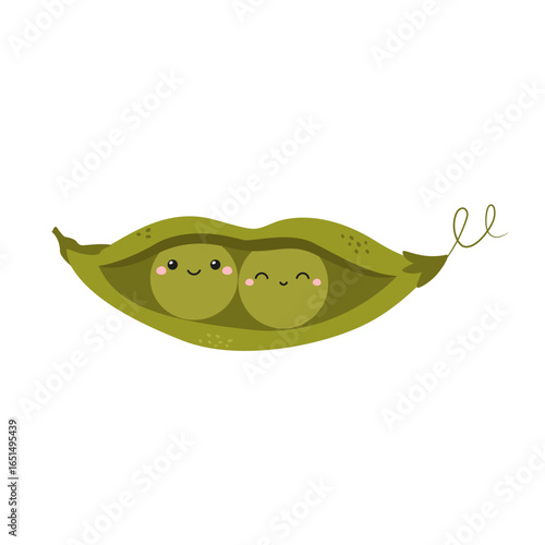 Vector Illustration of Funny Two Peas in a Pod Characters with Happy Faces in Cute Flat Style, Playful Cartoon Vegetable