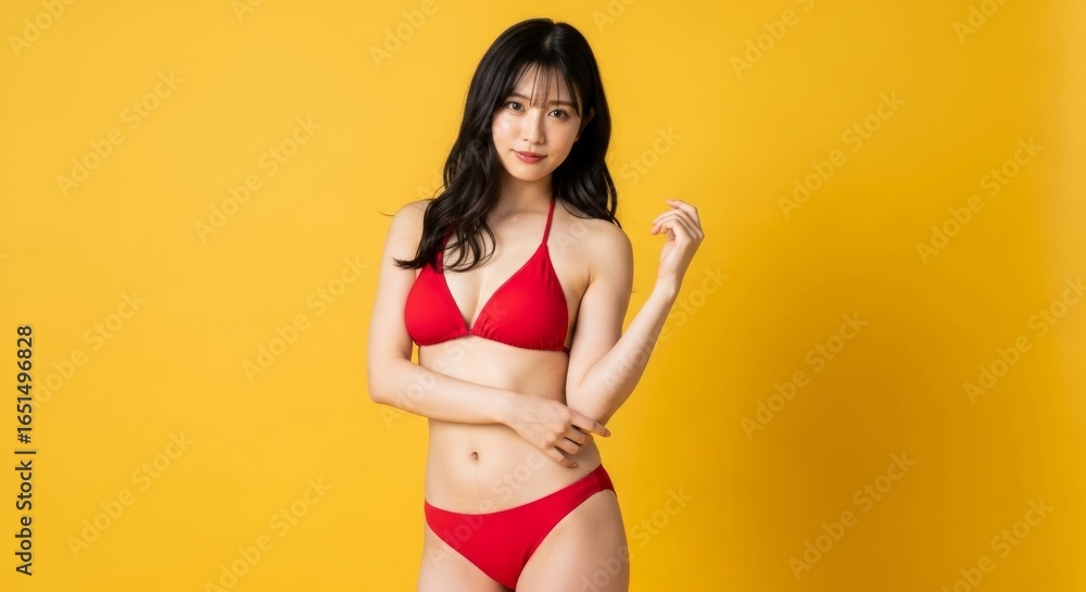 Obraz premium Young Japanese Woman In Red Bikini Posing Confidently Against A Vibrant Yellow Studio Background, Summer Fashion And Beachwear Concept