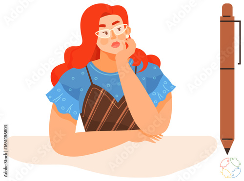 Woman resting her chin on hand, deep in thought, with a pen on the side. Ideal for creativity, learning, writing, self-reflection, education, problem-solving and simple flat metaphor