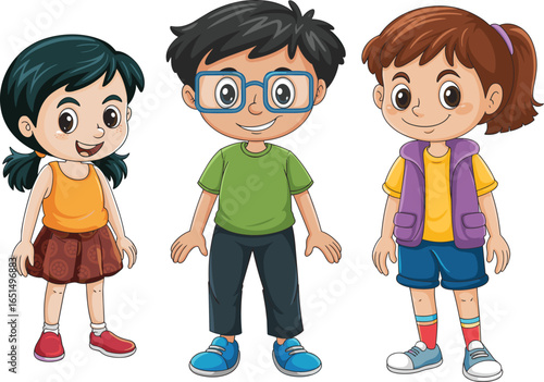 Cartoon children illustration, cute kids characters, happy boy and girls, school children clipart, childhood concept, fun cartoon design, education and family artwork