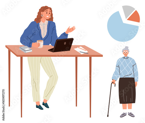 Young woman at desk with laptop and coffee, gesturing while explaining to elderly woman with cane. Ideal for themes of education, collaboration, data sharing, guidance, intergenerational support