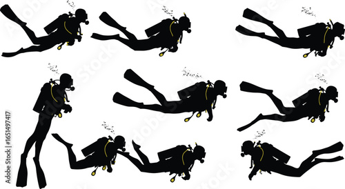 Scuba diver silhouette set with fins and oxygen tank, underwater swimming clipart, ocean exploration, marine adventure, snorkeling diving vector, sea sports illustration