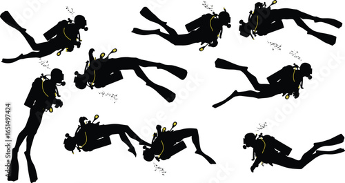 Scuba diver silhouettes with oxygen tanks and fins, underwater swimming clipart, bubbles vector, marine life diving illustration, snorkeling scuba diving sport, ocean exploration adventure design
