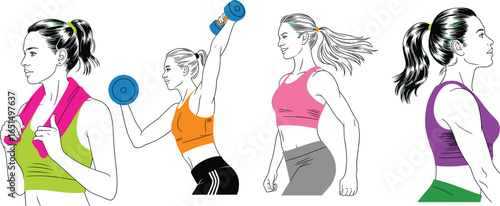 Strong athletic women training with dumbbells, fitness exercise, healthy lifestyle, workout motivation, sports activity, gym strength training, active wellness, cardio workout