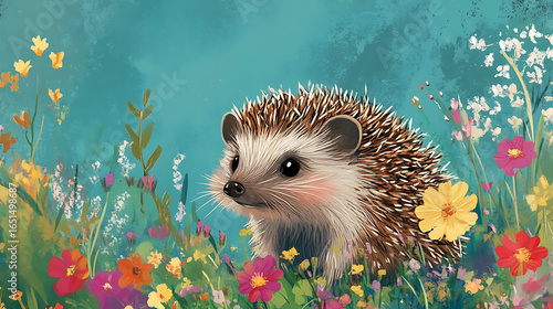 A hedgehog in a spring meadow with blooming flowers, vivid colors and sharp detail on tiny spines 