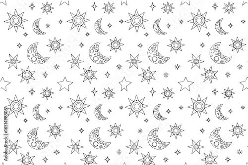 printable celestial pattern with moon stars and suns coloring page for kids and adults
