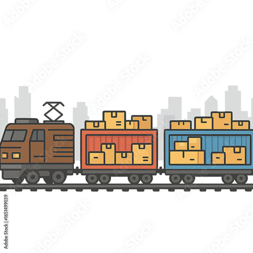 Cargo train transporting containers through industrial cityscape at night