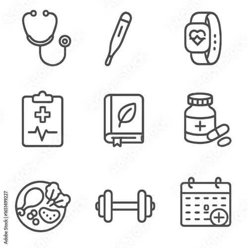 Health and fitness icons set: stethoscope, thermometer, smartwatch, medicine, nutrition, exercise