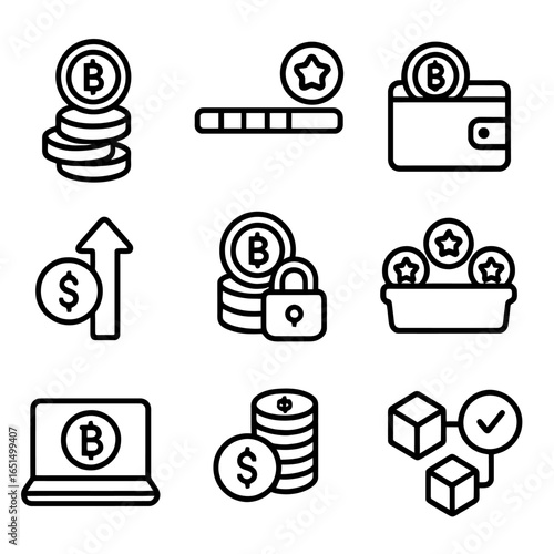 Cryptocurrency icon set featuring coins and wallet in linear style