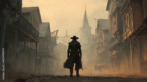 A gunslinger standing in the middle of a dusty main street ready for a duel