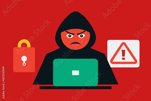 Vector illustration of a masked thief with a laptop, holding a sign and stealing data