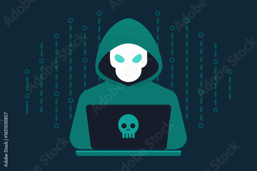 Vector illustration of a criminal hacker wearing a mask and stealing data from a computer