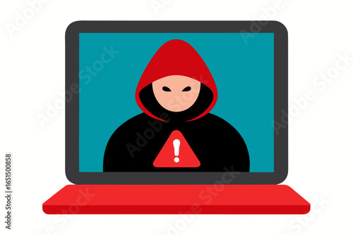 A criminal wearing a mask uses a laptop to steal data