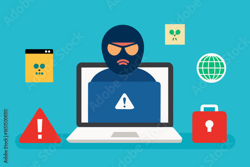 Cartoon vector icon set showing a flat design of a hacker stealing data from a laptop at an office home