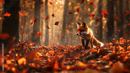 A vibrant autumn forest with a curious red fox peeking through fallen leaves, every whisker in crisp detail 
